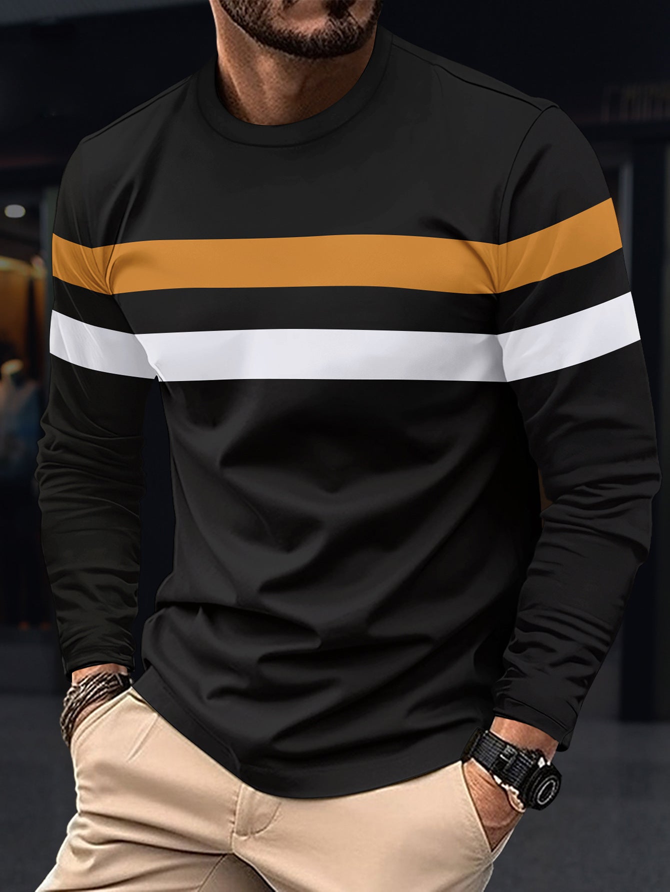 Street-wave Men's Long Sleeve Shirt With Sport Stripe Design, Breathable Comfort, Trendy Urban Wear