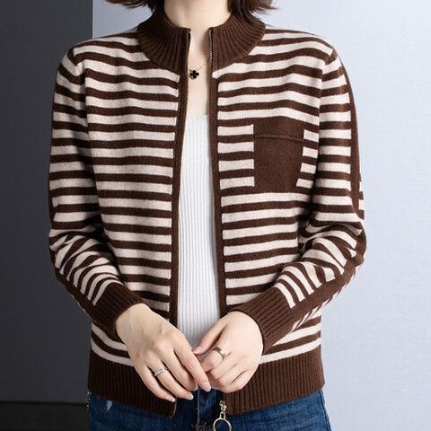 Street-wave Womens Knit Cardigan With Stand Collar And Zip Striped Cozy Layer For Women