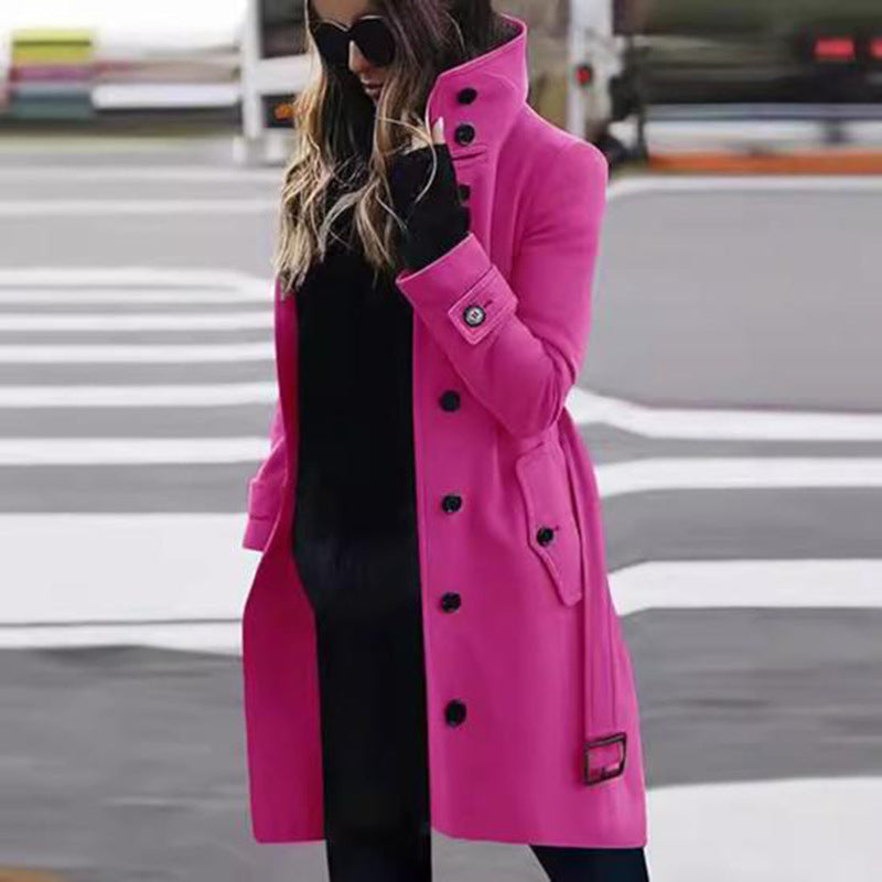 Elegant High Collar Coat For Women By Street-Wave With Practical Pockets For Timeless Chic