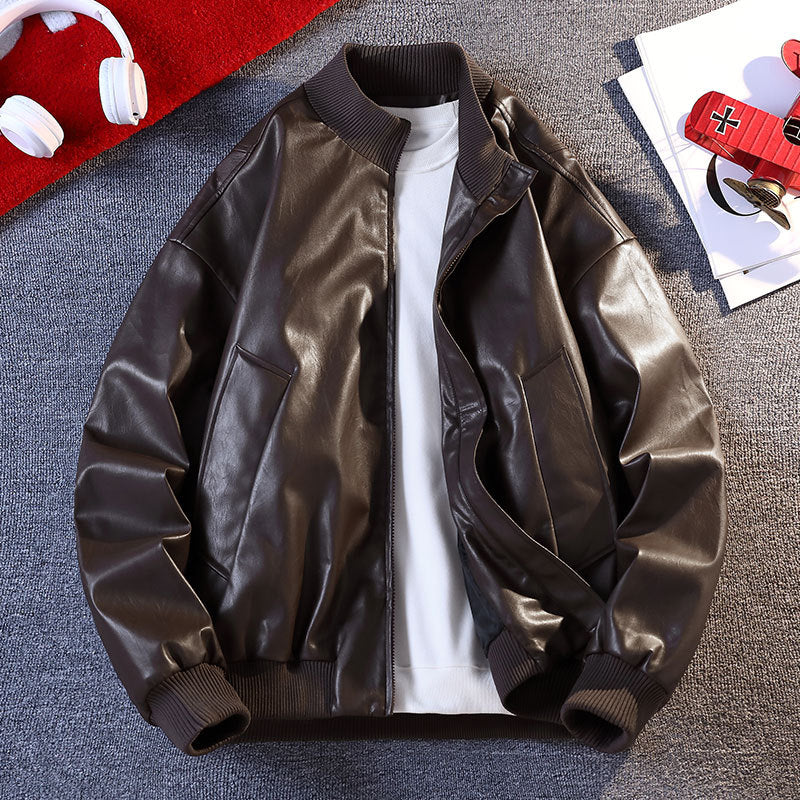 Street-Wave Men's Faux Leather Bomber Jacket With Elastic Cuffs And Practical Pockets