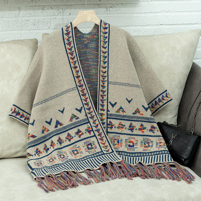 Street Wave Poncho For Women With Colorful Ethnic Print For Cozy Chic Warmth And Versatility