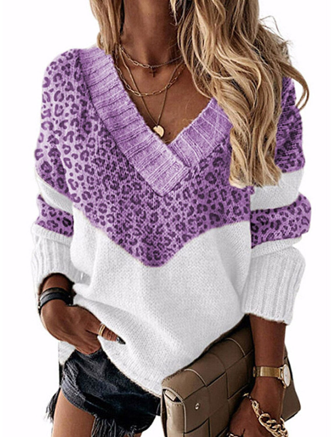 Street-Wave Women Leopard Print V Neck Sweater Soft Knit Cozy Warmth for Chic Comfort
