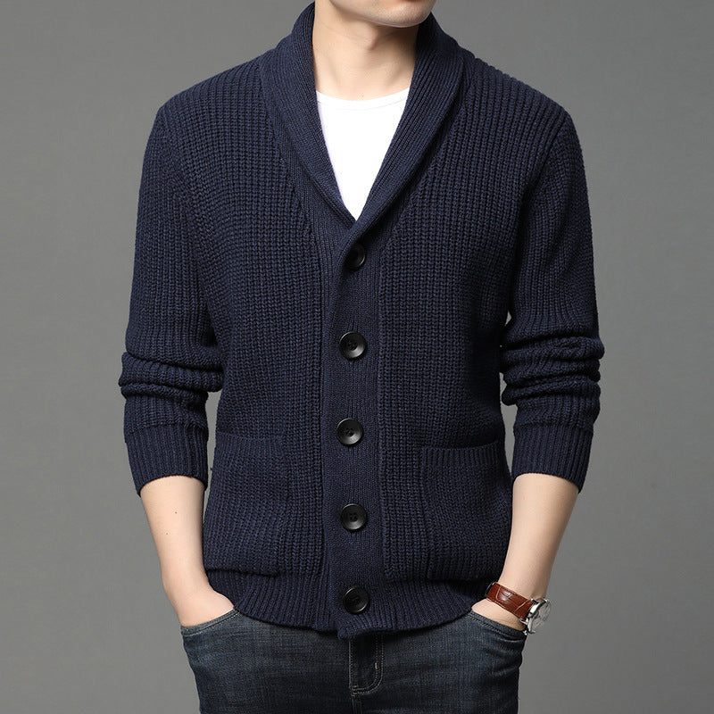 Street-wave Men's Shawl Collar Cardigan With Soft Breathable Knit And Practical Pockets For Everyday Style
