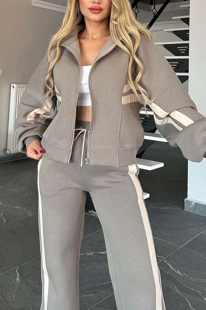 Street-Wave Stylish Cropped Zip Up Hoodie And Track Pants Set With Red Stripes For Women