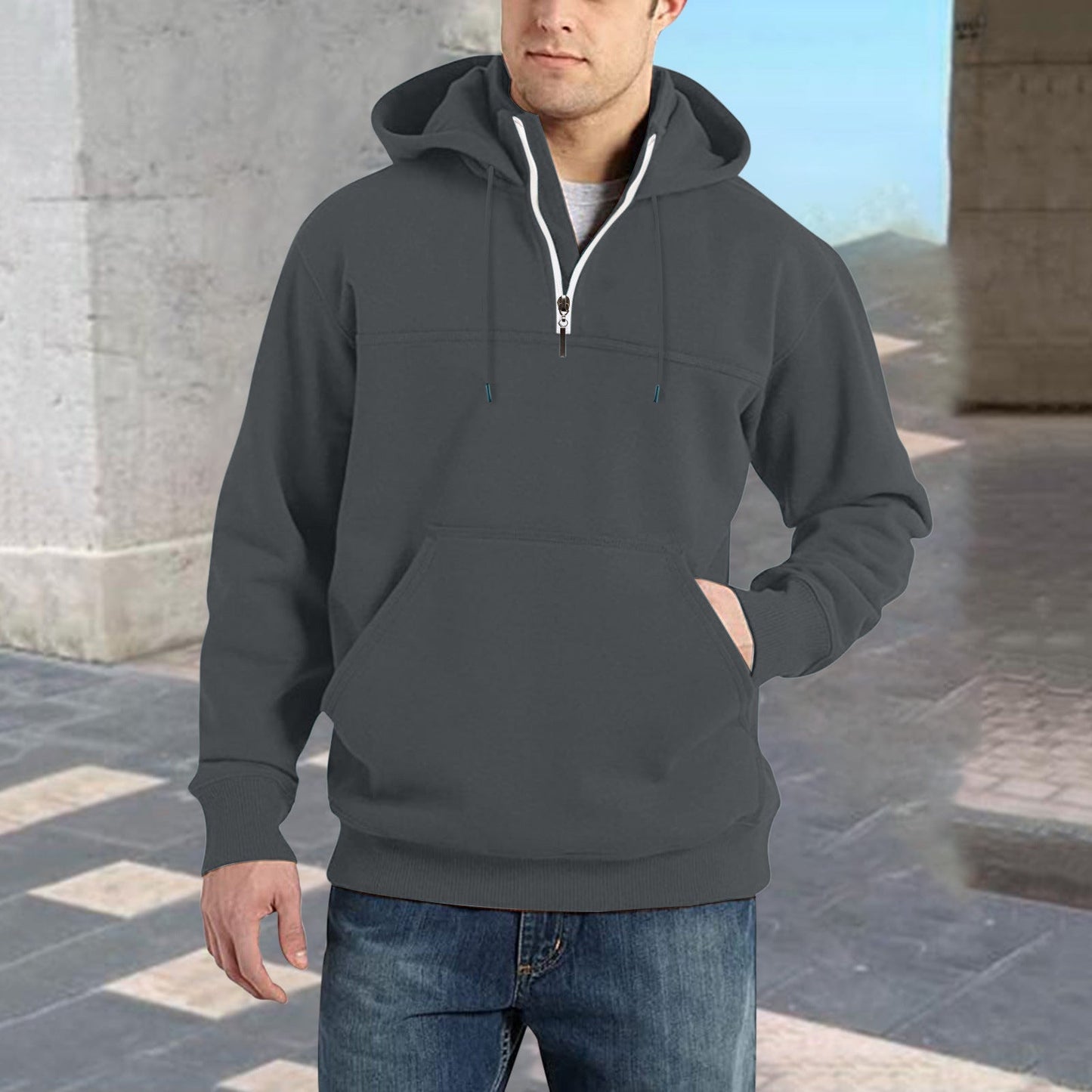 Street Wave Mens Half Zip Hoodie With Kangaroo Pocket For Casual Athleisure Comfort