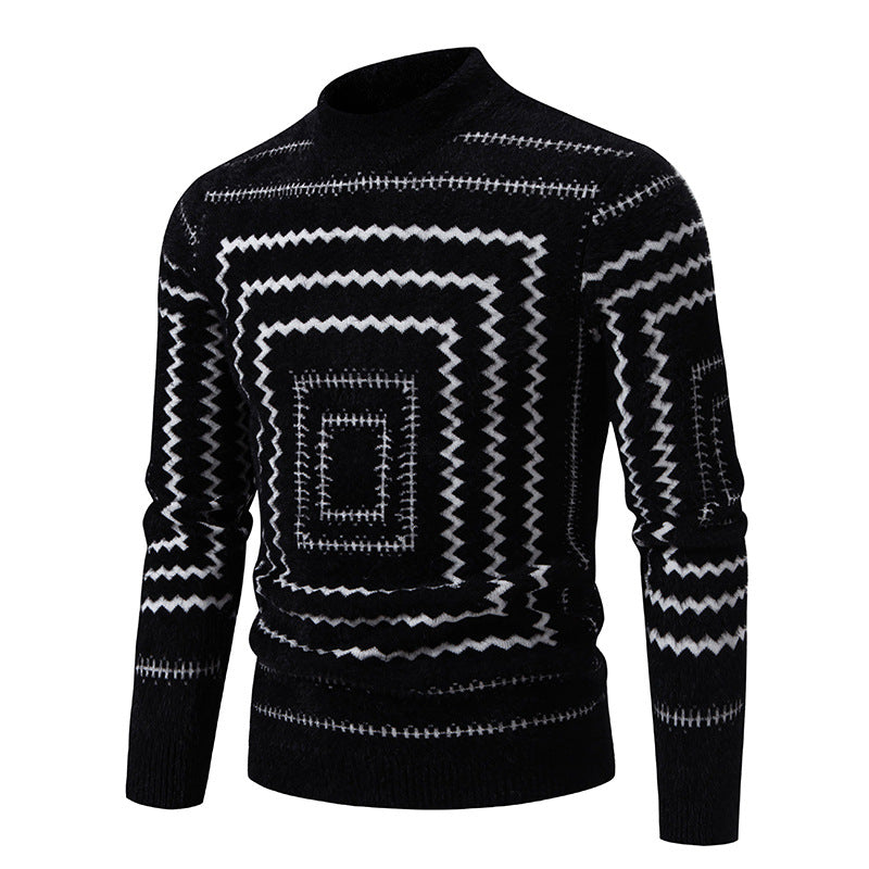 Geometric Pattern Knit Sweater For Women By Street-Wave With High Collar Cozy Wool Pullover