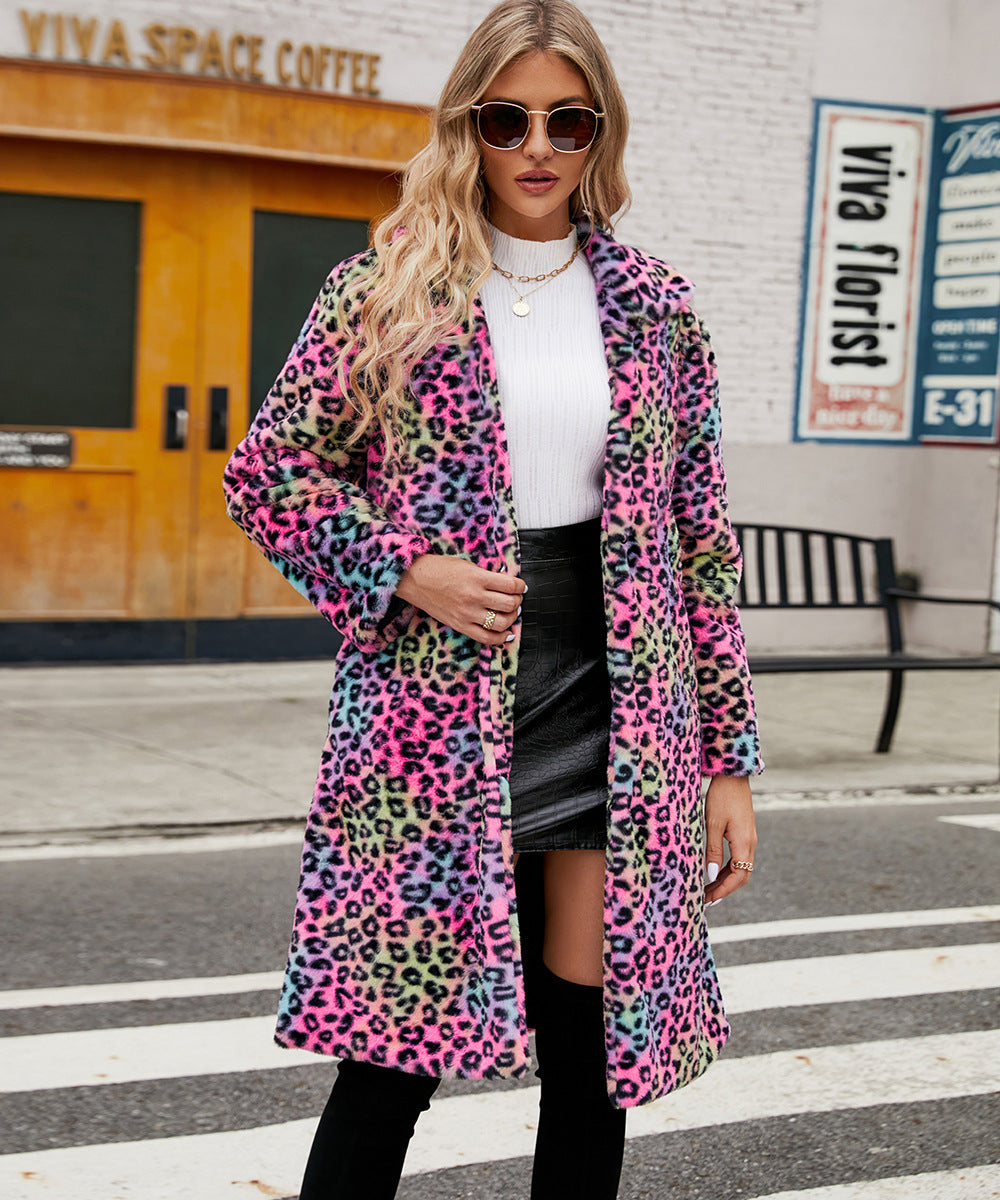 Street Wave Leopard Faux Fur Coat For Women Cozy Warm Trendy Leopard Print Outerwear