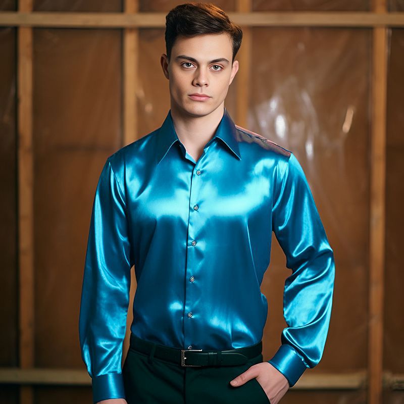 Street-wave Satin Shirt for Men with Modern Collar Luxury Shine For Formal Events Ideal Office And Evening Wear