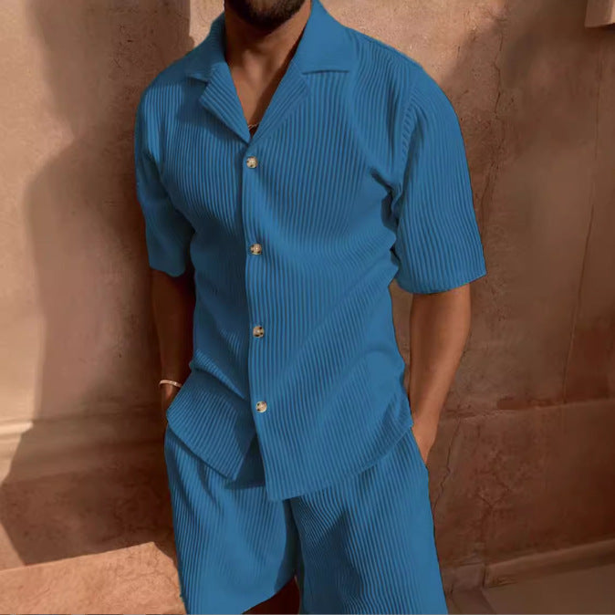 Streetwave Mens Breathable Rib Knit Short Sleeve Set With Modern Button Placket For Stylish Wardrobe