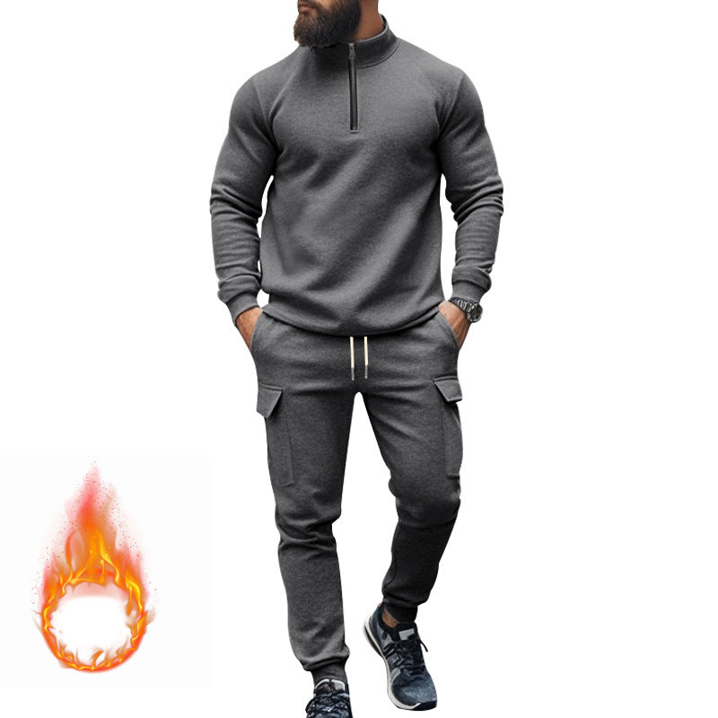 Street-wave Men's Fleece Set With Zip Front Hoodie And Cargo Joggers For Active Comfort
