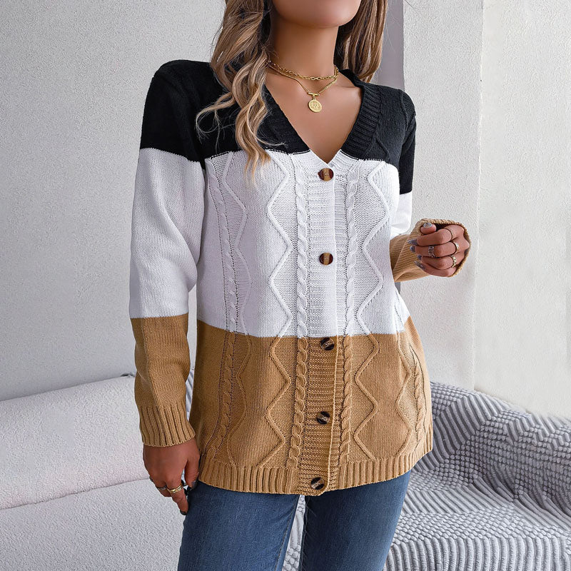 Street-wave Colorblock Knit Cardigan For Women With Cotton Acrylic Blend, Button Front, Cozy Chic
