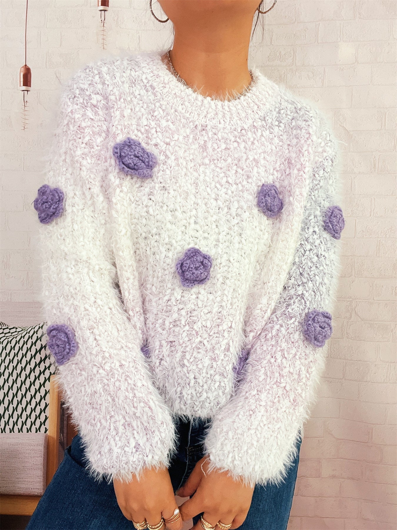 Street-Wave Cozy Fluffy Knit Sweater With Flower Appliques For Women Soft Gradient Yarn Warmth