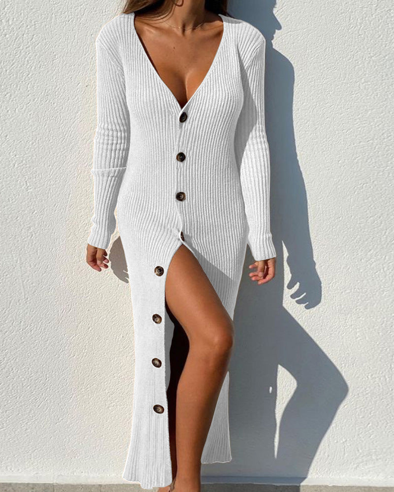 Street-wave Long Knit Dress With Deep V-Neck And Button Details For Women, Elegant Comfort