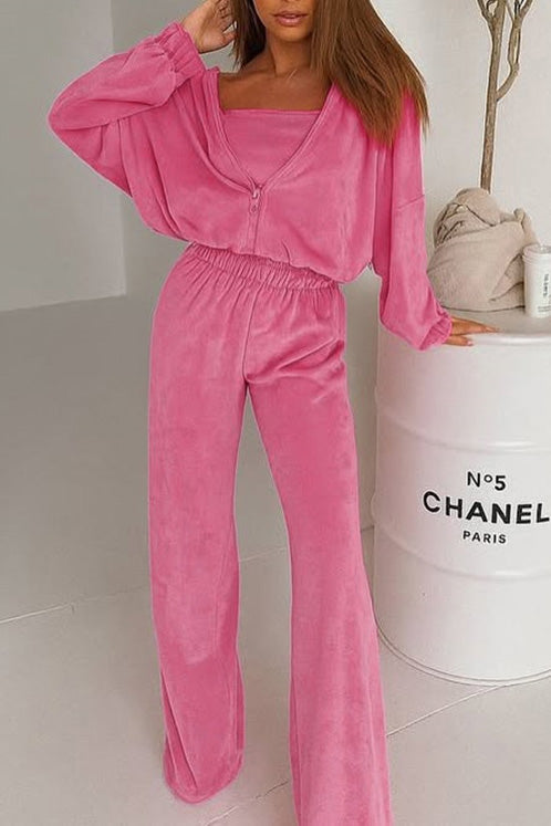 Street-wave Cozy Hooded Cardigan And Elastic Wide Leg Lounge Set For Women Homewear Comfort