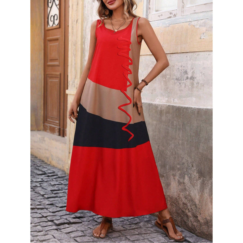 Street-Wave Geometric Print Maxi Dress For Women Slim Waist V-Neck Slit