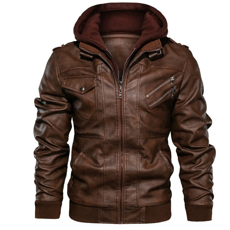Men's Leather Jacket Hooded With Slim Fit Bomber Style Zipper Pockets And Ribbed Hem