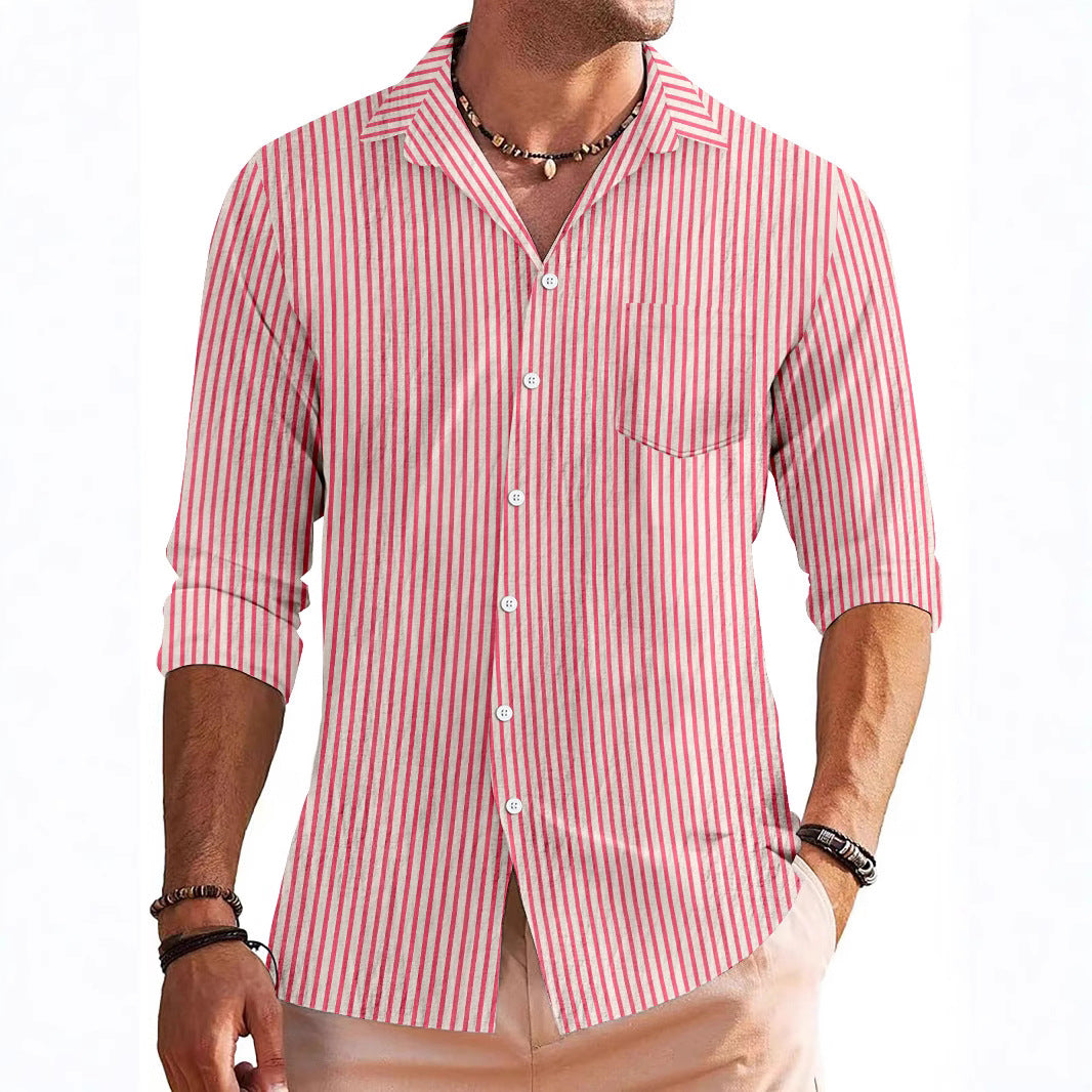 Street-Wave Men's Long Sleeve Shirt Regular Fit Striped Pattern Chest Pocket Breathable Material