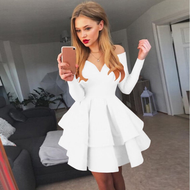 Street Wave Off Shoulder Cocktail Dress With Layered Ruffles And Deep V Neck For Women