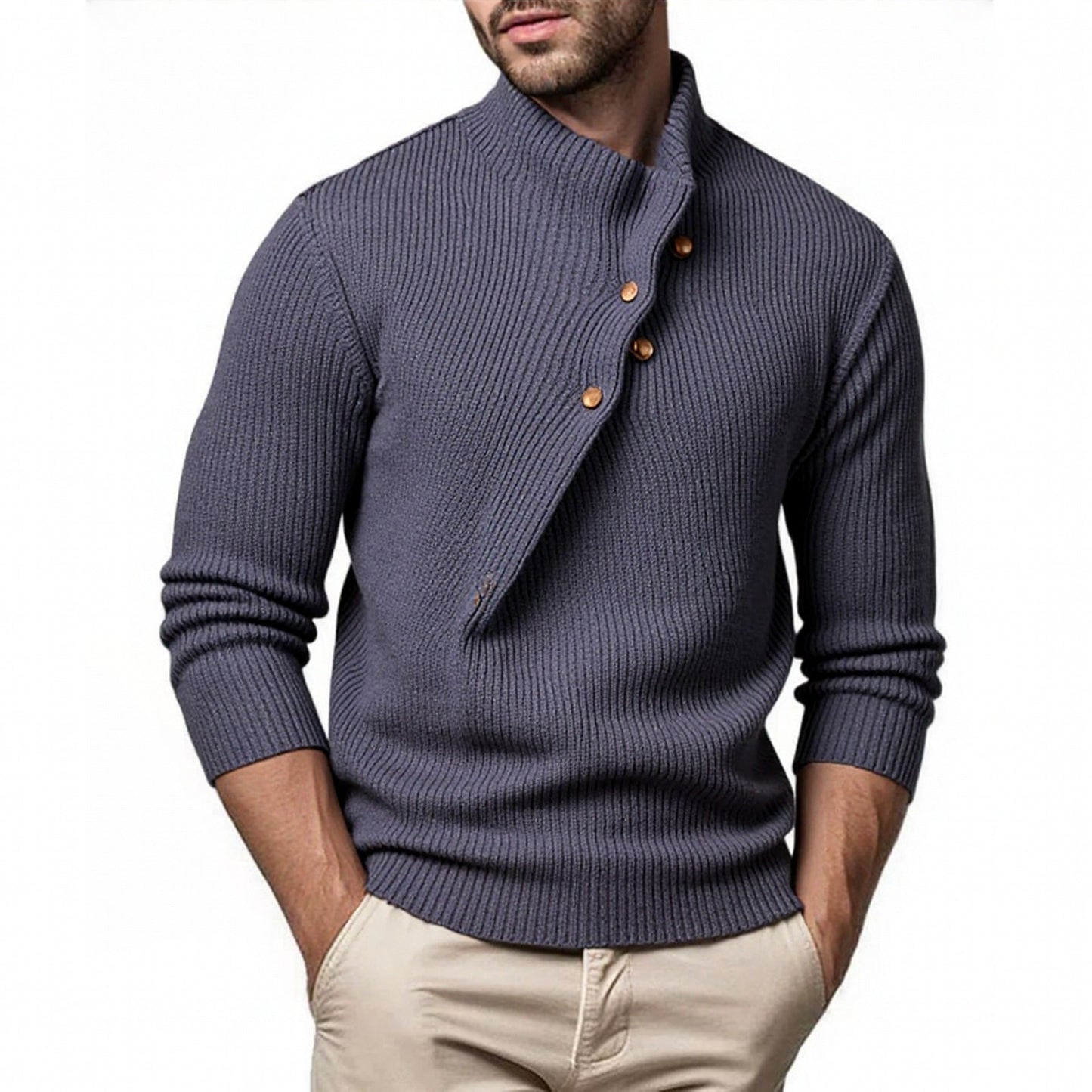 Mens Knit Sweater With Stand Collar And Asymmetric Button Placket Street-wave For Fashionable Men