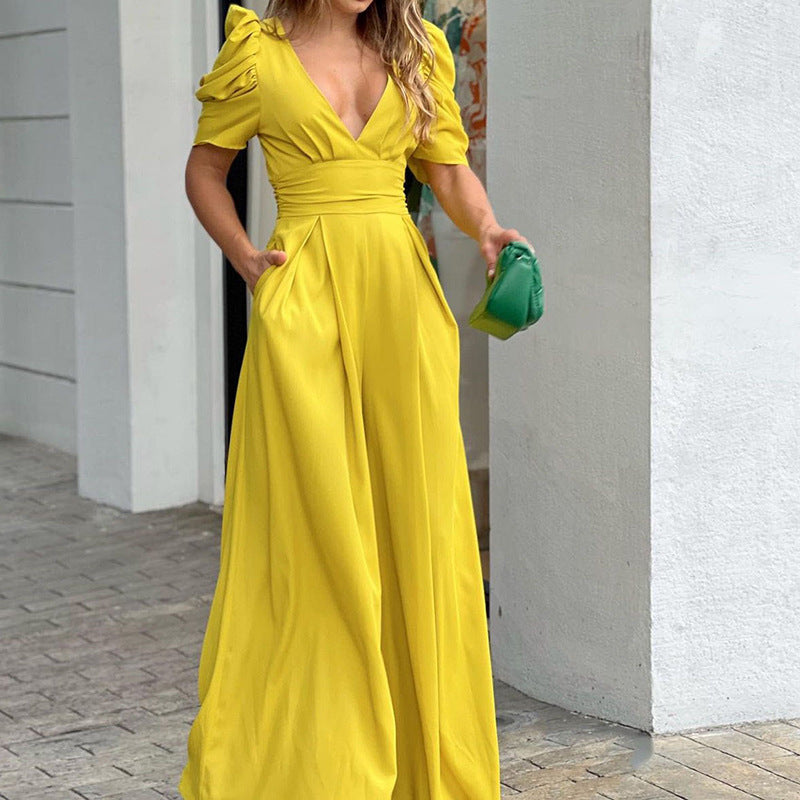 Street-Wave Women's Jumpsuit With Wide Leg V Neck Puff Sleeves