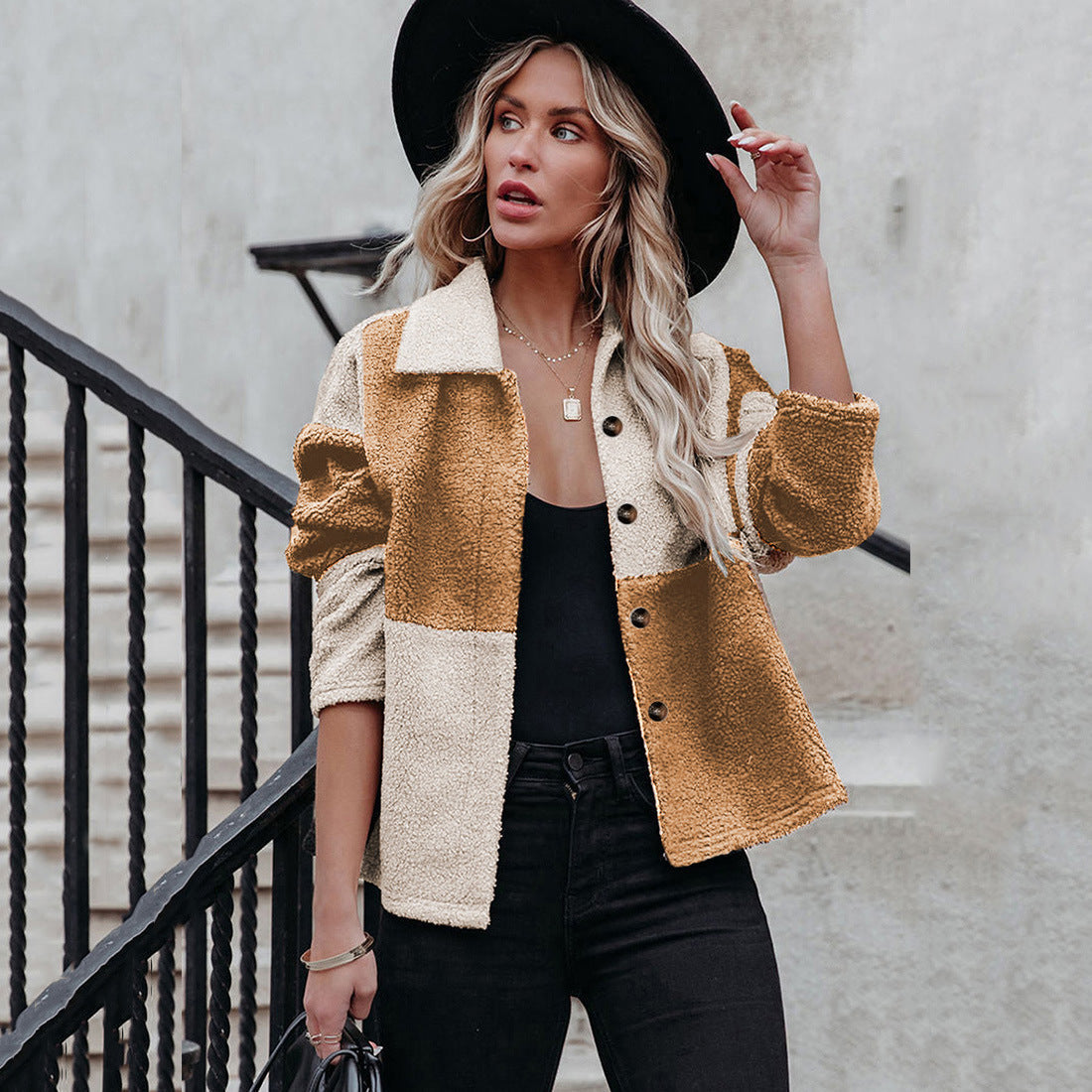 Womens Cozy Teddy Jacket With Statement Collar Street-wave Chic Warmth For Women