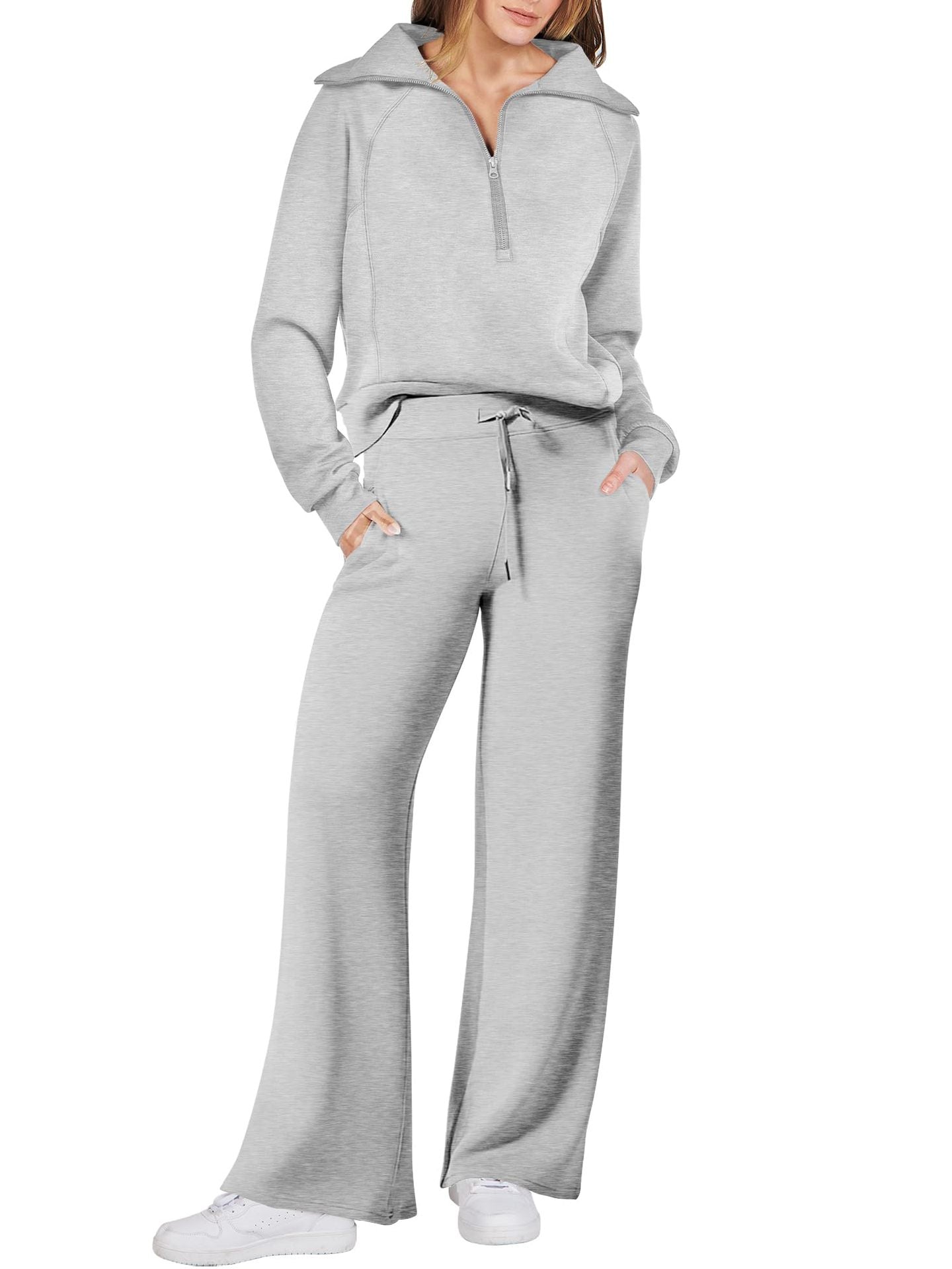 Street-wave Women’s Cozy Two Piece Set With Zip Front And Pockets Casual Loungewear For Home