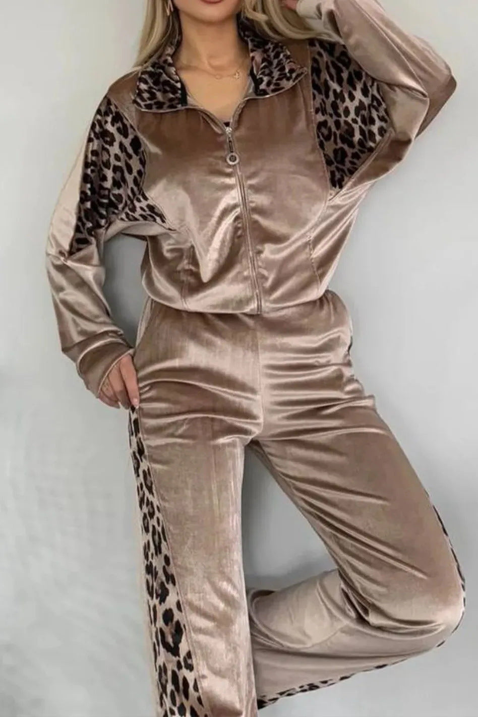 Street-Wave Leopard Print Faux Leather Two-Piece Set for Women With Luxurious Velvet-Look Finish and Wide-Leg Pants