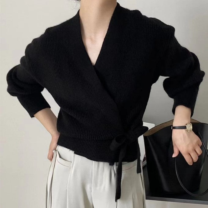 Street-wave Womens Wrap Knit Cardigan With Wide Sleeves And Tie Waist Soft Wool Warmth