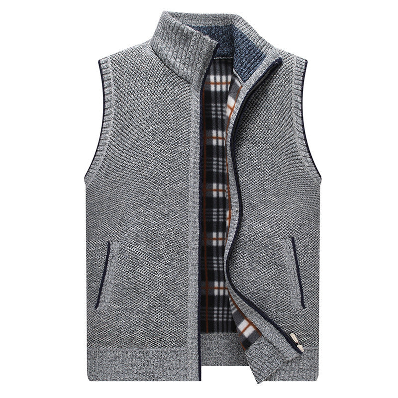 Street-Wave Men's High Collar Knit Vest With Checkered Inner Lining For Warmth And Everyday Wear