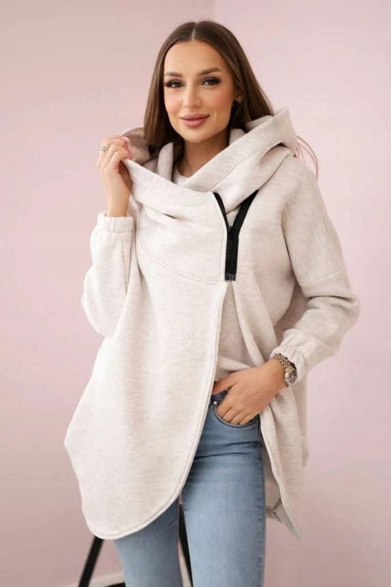 Street-wave Asymmetrical Zip Fleece Hoodie Jacket For Women, Cozy Warmth, Trendy Streetwear