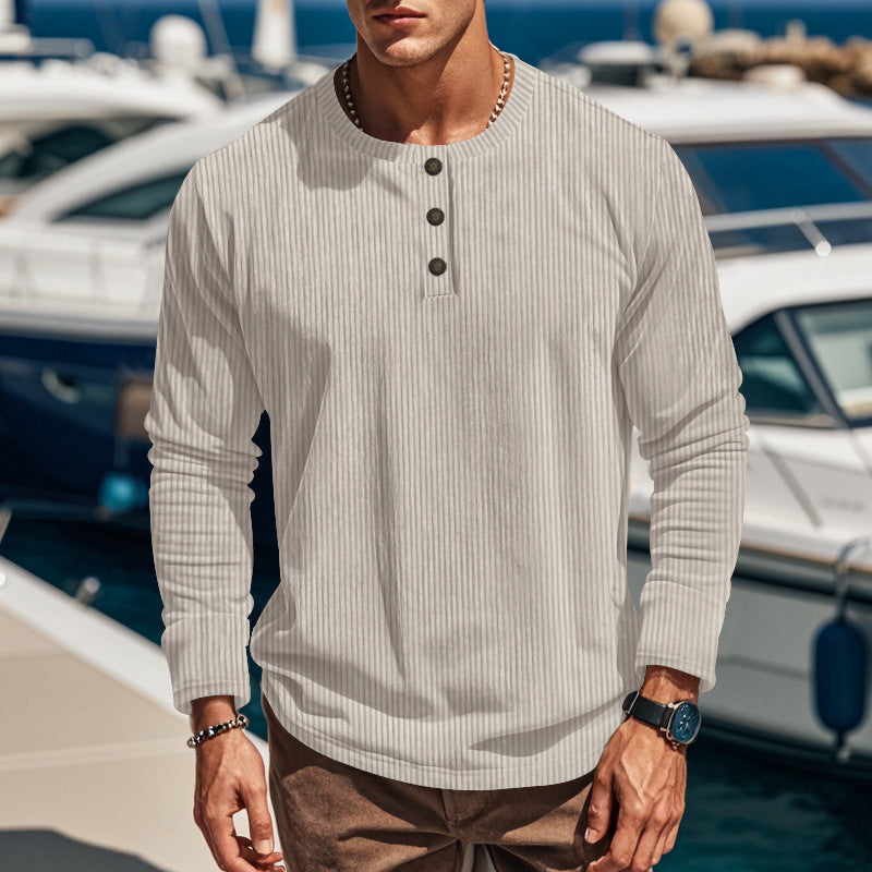 Streetwave Mens Long Sleeve Ribbed Knit Shirt With Button Placket For Daily Casuals