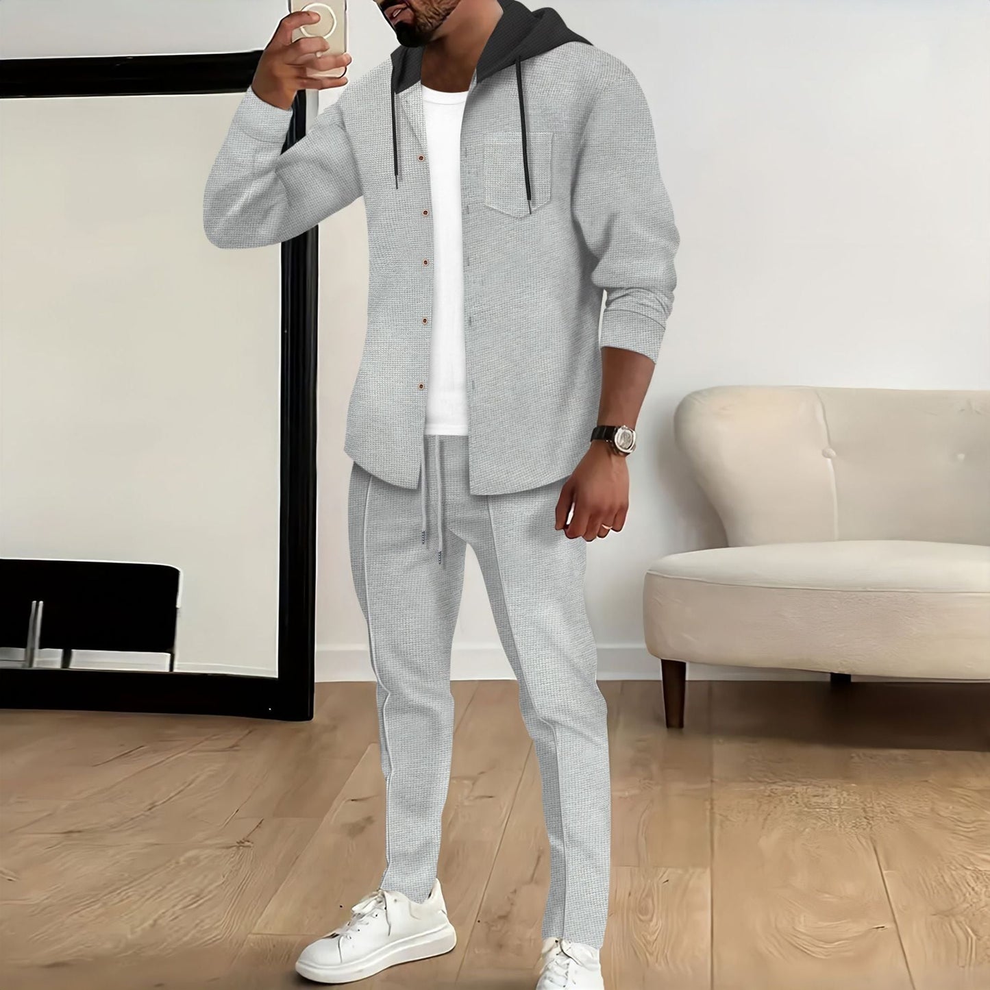 Street-Wave Men's Casual Tracksuit With Button-Front Top And Hooded Jacket For Everyday Leisure