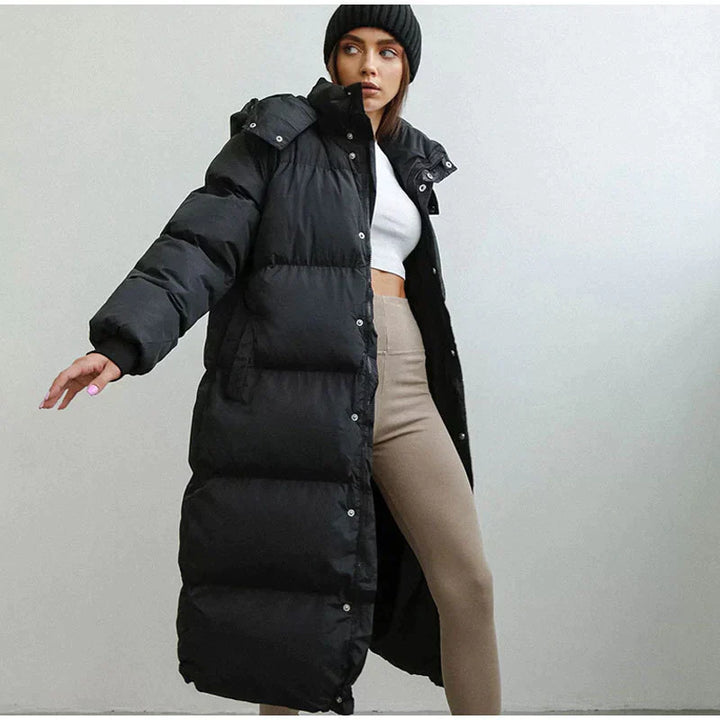 Street-Wave Long Puffer Jacket For Women, Water-Resistant Warm Winter Coat With Hood