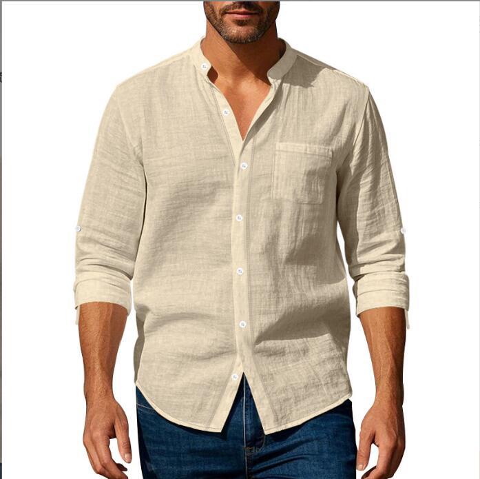 Street-Wave Men Linen Shirt With Mandarin Collar And Chest Pocket Breathable Everyday Comfort