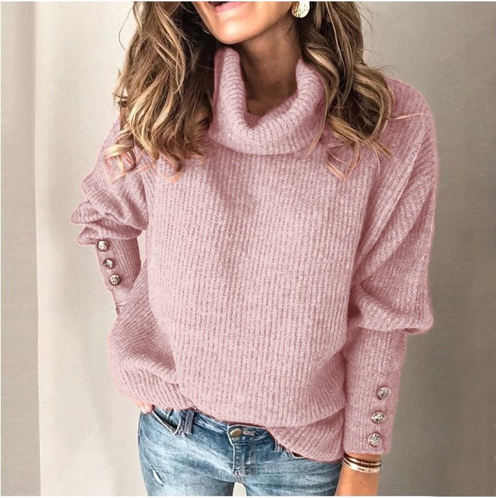 Street-Wave Women's Oversized Turtleneck Sweater With Decorative Buttons for Cozy Winter Style