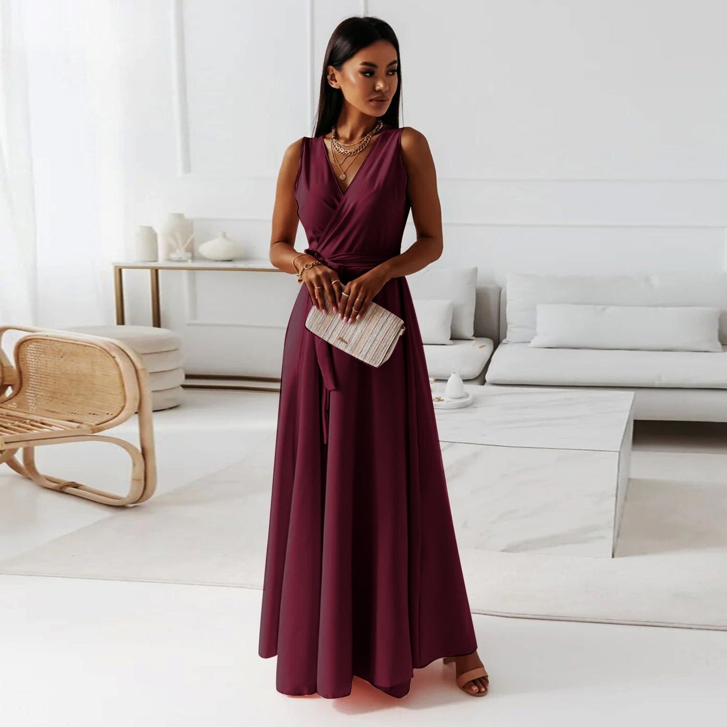 Street-wave Pink V-Neck Maxi Dress For Women Elegant Wrap Silhouette For Formal Evenings