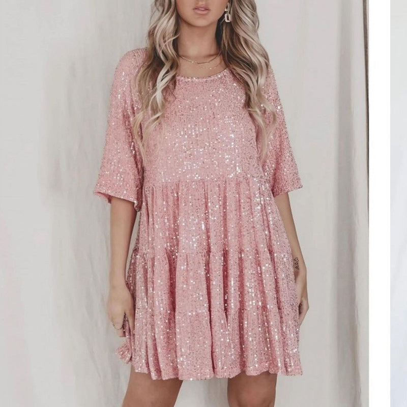 Street-Wave Sequin Blouson Dress For Women Festive Glam Loose Fit Comfort Party Ready