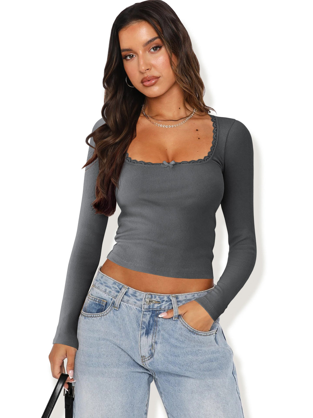 Street Wave Women's Lace Trim Long Sleeve Top With Figure Flattering Fit For Everyday Glam And Versatility