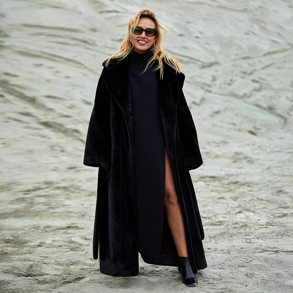 Street Wave Womens Faux Fur Lined Winter Coat With Wide Lapel Belted For Warmth And Elegance