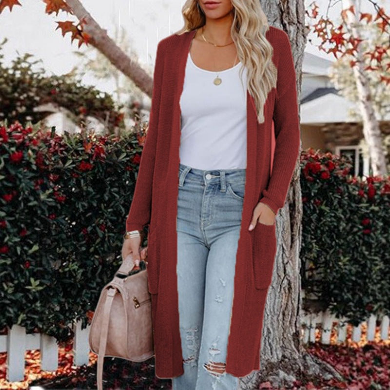 Street Wave Long Knit Cardigan For Women With Open Pockets And Ribbed Texture For Everyday Style