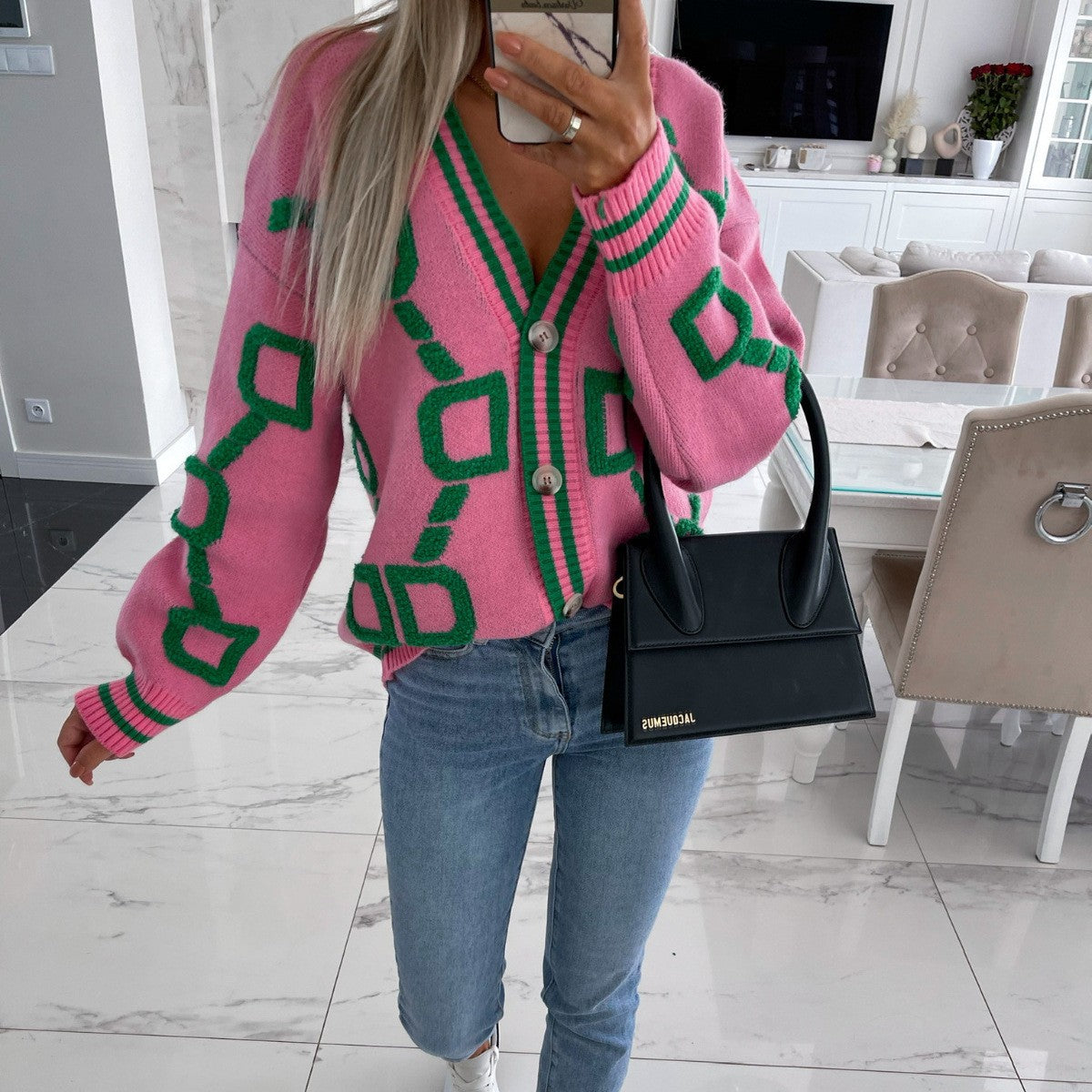 Street-Wave Womens Wool-Blend Knit Cardigan With Graphic Geometric Design And Button Placket