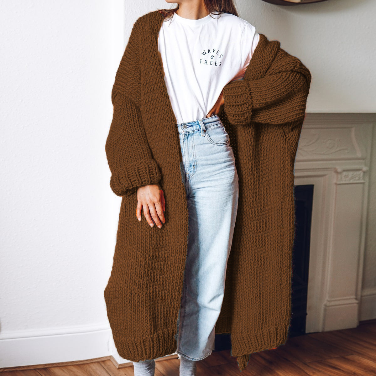 Street Wave Womens Chunky Knit Cardigan Coat With Open Front And Deep Pockets For Comfort