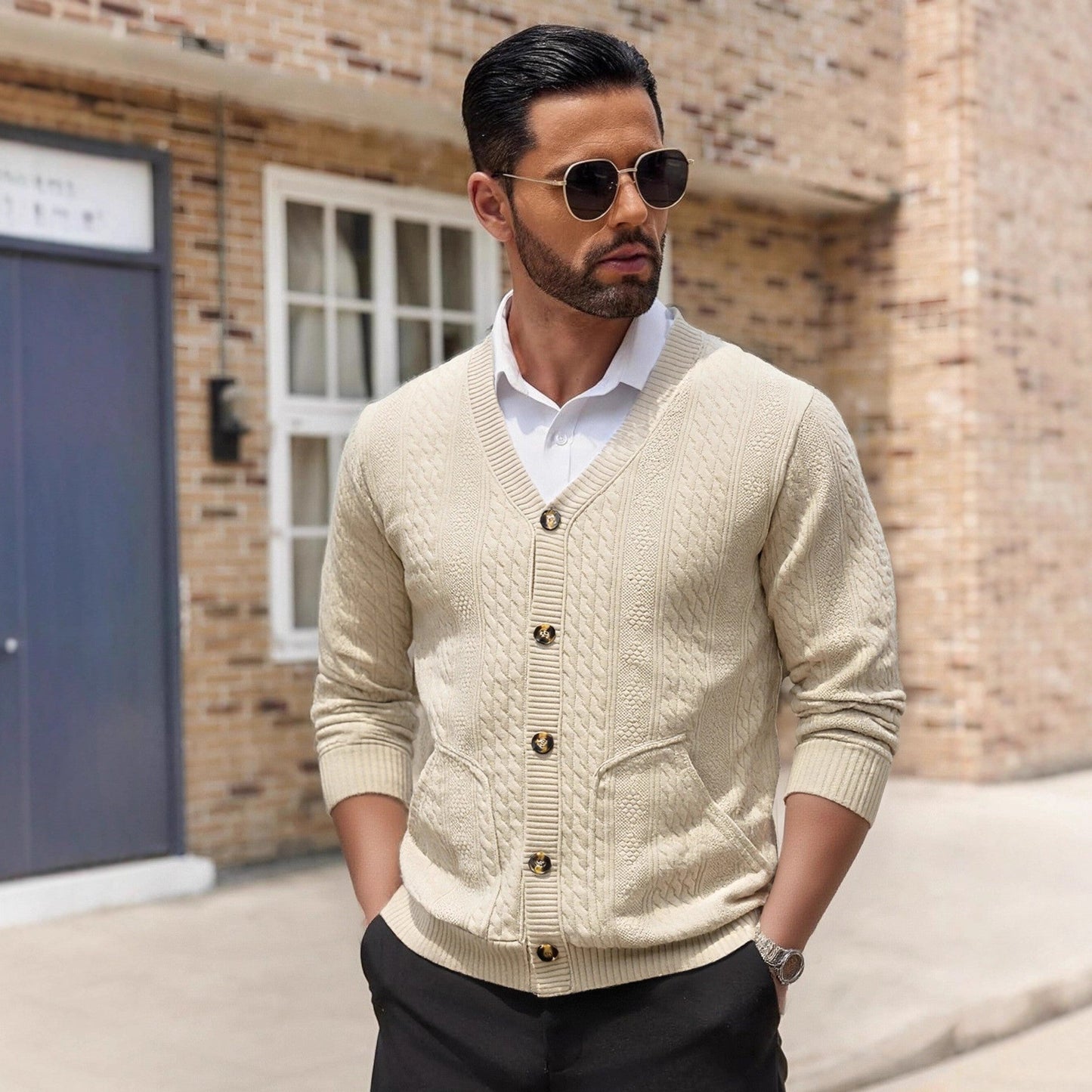 Street Wave Mens Knit Cardigan With Practical Pockets And Unique Textured Finish