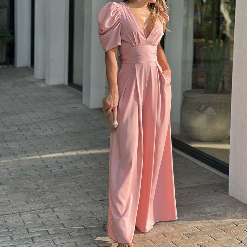 Street-Wave Women's Jumpsuit With Wide Leg V Neck Puff Sleeves