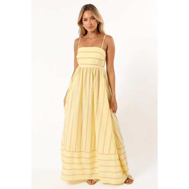 Street Wave Women Striped Maxi Dress With Elastic Waist For Elegant Breathable Comfort