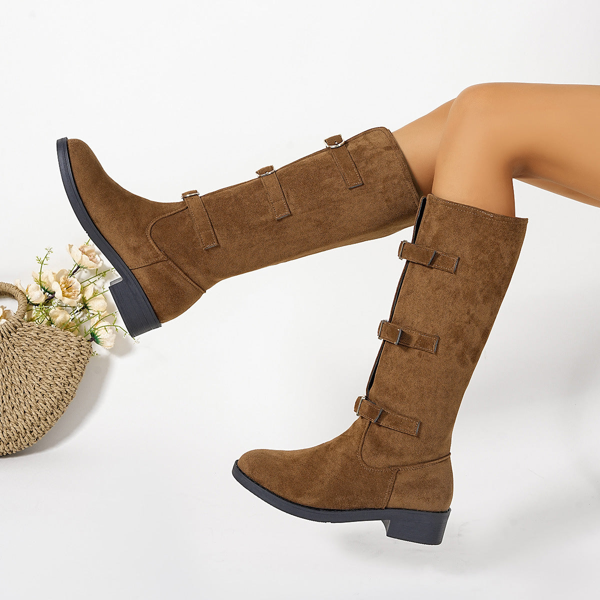 Street Wave Womens Fashion Boots With Decorative Buckles And Comfortable Block Heel