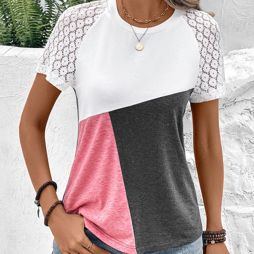 Nordisk Flair Womens Lace Sleeves T Shirt Relaxed Fit Cotton Blend Casual Chic