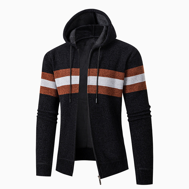 Streetwave Men's Hooded Knit Cardigan With Contrast Stripes For Casual Comfort And Style