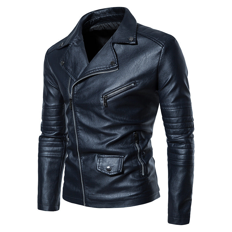 Street-wave Men's Leather Biker Jacket With Asymmetrical Zip And Cargo Pockets For Everyday Streetwear