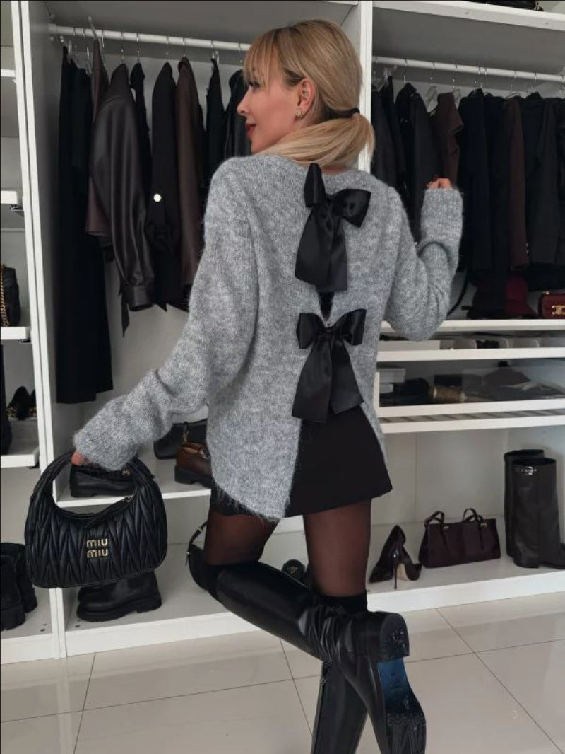 Street-wave Bow Back Knit Sweater For Women Cozy Stylish Pullover With Elegant Bow Details Now